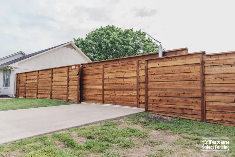 Horizontal Cedar Fence with Sliding Gate Installation in Prosper
