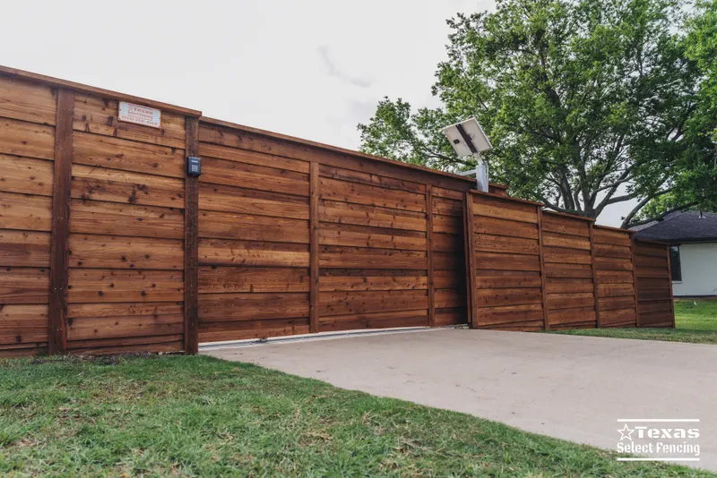 Horizontal Cedar Fence with Sliding Gate Installation in Prosper — Texas Select Fencing, fence company serving Prosper, Texas